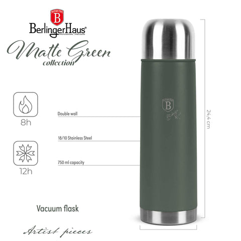 Product image of Vacuum flask 0,75L. Part of the Matte Green Collection . Features: • Material: inner body 18/10 stainless steel with matt powder coating • Capacity: 0,75 L • Color: matt green • Packing: half giftbox. (Studio view). Official Berlinger Haus product, boosted by Promintra sl.