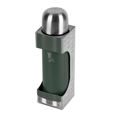 Product image of Vacuum flask 0,75L. Part of the Matte Green Collection . Features: • Material: inner body 18/10 stainless steel with matt powder coating • Capacity: 0,75 L • Color: matt green • Packing: half giftbox. (Studio view). Official Berlinger Haus product, boosted by Promintra sl.