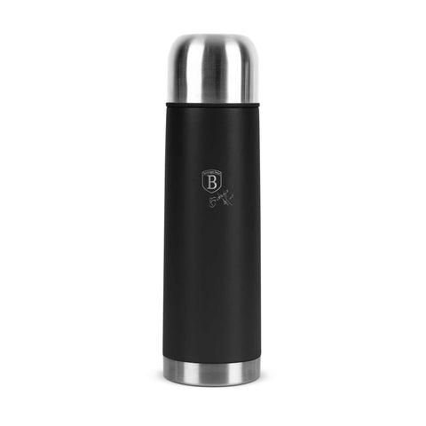 Product image of Vacuum flask 0,75L. Part of the Matte Black Collection . Features: • Material: inner body 18/10 stainless steel with matt powder coating • Capacity: 0,75 L • Color: black- silver • Packing: half giftbox. (Studio view). Official Berlinger Haus product, boosted by Promintra sl.