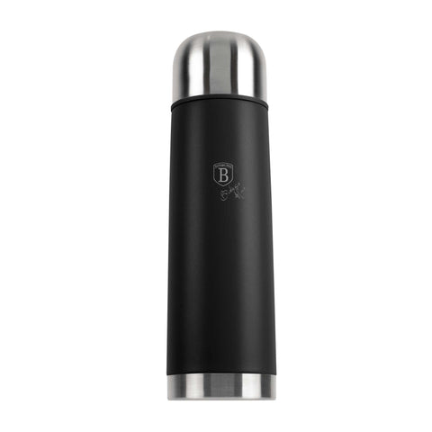 Product image of Vacuum flask 0,75L. Part of the Matte Black Collection . Features: • Material: inner body 18/10 stainless steel with matt powder coating • Capacity: 0,75 L • Color: black- silver • Packing: half giftbox. (Studio view). Official Berlinger Haus product, boosted by Promintra sl.