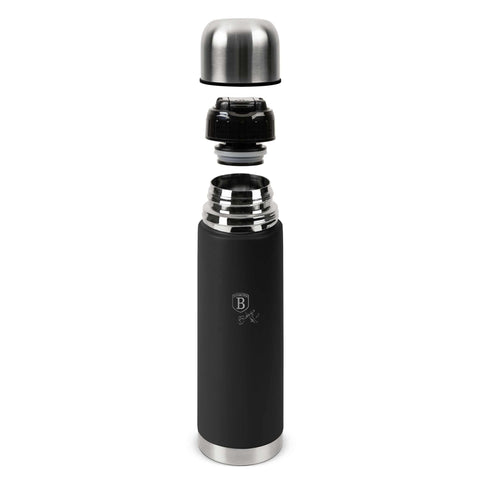 Product image of Vacuum flask 0,75L. Part of the Matte Black Collection . Features: • Material: inner body 18/10 stainless steel with matt powder coating • Capacity: 0,75 L • Color: black- silver • Packing: half giftbox. (Studio view). Official Berlinger Haus product, boosted by Promintra sl.