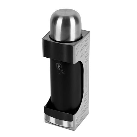 Product image of Vacuum flask 0,75L. Part of the Matte Black Collection . Features: • Material: inner body 18/10 stainless steel with matt powder coating • Capacity: 0,75 L • Color: black- silver • Packing: half giftbox. (Studio view). Official Berlinger Haus product, boosted by Promintra sl.