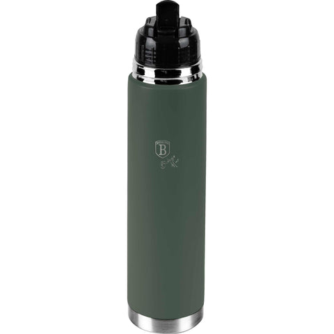 Imagem do produto: Garrafa térmica de 1,0 L. Parte da Coleção Verde Fosco. Características: • Material: corpo interno em aço inoxidável 18/10 com revestimento em pó fosco • Capacidade: 1,0 L • Cor: verde fosco • Embalagem: meia caixa de presente. (Vista de estúdio). Produto oficial Berlinger Haus, impulsionado por Promintra sl.