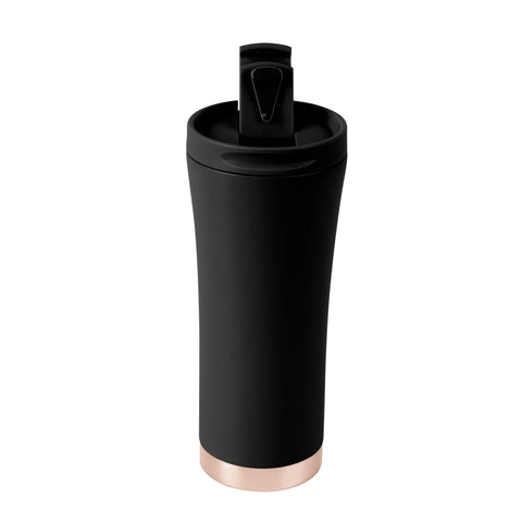 Imagem do produto: Caneca de café de 0,5L. Parte da Coleção Rosa Negra. Características: • Pintura de alta resistência • Material: corpo interno em aço inoxidável 18/10, tampa: plástico • Capacidade: 0,5 L • Cor: preto com detalhes em ouro rosa • Embalagem: meia xícara... (Vista de estúdio). Produto oficial Berlinger Haus, com o apoio da Promintra sl.