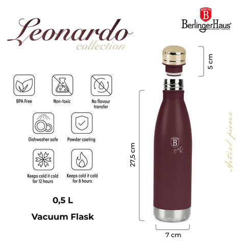 Imatge del producte de l'ampolla de buit amb forma de termos de 0,5L. Part de la col·lecció Leonardo. Característiques: • Material: cos interior d'acer inoxidable 18/10 amb recobriment en pols mat • Capacitat: 0,5 L • Color: bordeus mat • Embalatge: mitja caixa de regal. (Vista d'estudi). Producte oficial de Berlinger, impulsat per Promintra sl.