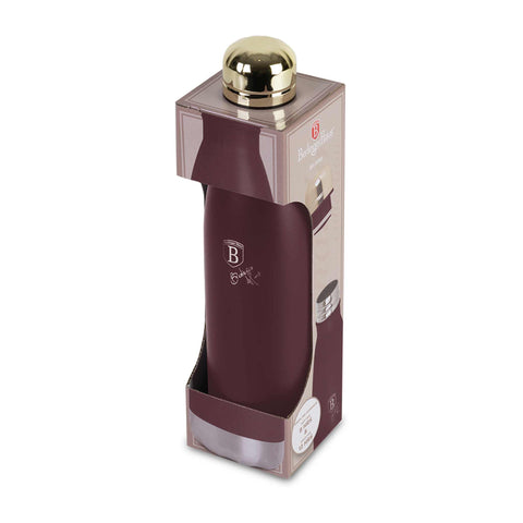 Imatge del producte de l'ampolla de buit amb forma de termos de 0,5L. Part de la col·lecció Leonardo. Característiques: • Material: cos interior d'acer inoxidable 18/10 amb recobriment en pols mat • Capacitat: 0,5 L • Color: bordeus mat • Embalatge: mitja caixa de regal. (Vista d'estudi). Producte oficial de Berlinger, impulsat per Promintra sl.