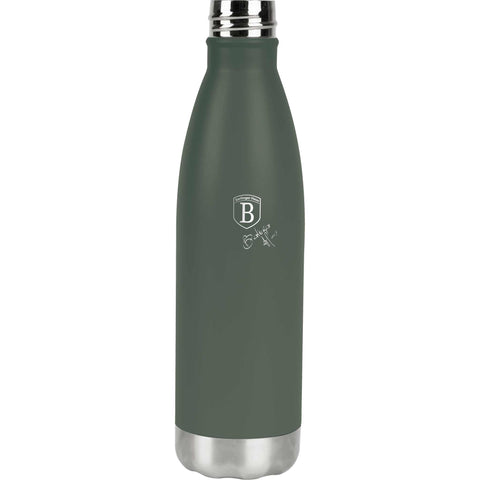 Imatge del producte de l'ampolla termos de 0,5L. Forma part de la col·lecció Verd Mat. Característiques: • Material: cos interior d'acer inoxidable 18/10 amb recobriment en pols mat • Capacitat: 0,5 L • Color: verd mat • Embalatge: mitja caixa de regal. (Vista d'estudi). Producte oficial de Berlinger, impulsat per Promintra sl.