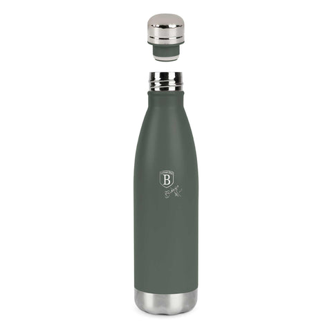 Imatge del producte de l'ampolla termos de 0,5L. Forma part de la col·lecció Verd Mat. Característiques: • Material: cos interior d'acer inoxidable 18/10 amb recobriment en pols mat • Capacitat: 0,5 L • Color: verd mat • Embalatge: mitja caixa de regal. (Vista d'estudi). Producte oficial de Berlinger, impulsat per Promintra sl.