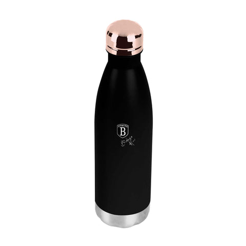 Imatge del producte de l'ampolla amb forma de termos de 0,5L. Forma part de la col·lecció Black Rose. Característiques: • Material: cos interior d'acer inoxidable 18/10 amb recobriment en pols mat • Capacitat: 0,5 L • Color: negre mat-or rosa • Embalatge: mitja caixa de regal. (Vista d'estudi). Producte oficial de Berlinger, impulsat per Promintra sl.