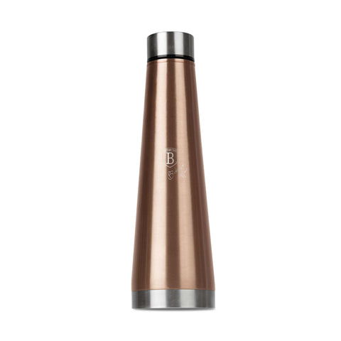 Imatge del producte de l'ampolla termos de 0,4L. Forma part de la Metallic Line Rose Gold Edition. Característiques: • Material: cos interior d'acer inoxidable 18/10 • Capacitat: 0,4 L • Color: or rosa metàl·lic • Embalatge: mitja caixa de regal. (Vista d'estudi). Producte oficial de Berlinger, impulsat per Promintra sl.