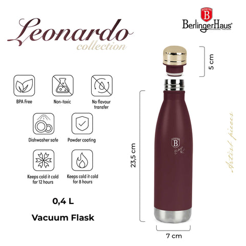 Product image of Vacuum flask bottle shape 0,4L. Part of the Leonardo Collection . Features: • Material: inner body 18/10 stainless steel with matt powder coating • Capacity: 0,4 L • Color: matt bordeaux • Packing: half giftbox. (Studio view). Official Berlinger Haus product, boosted by Promintra sl.