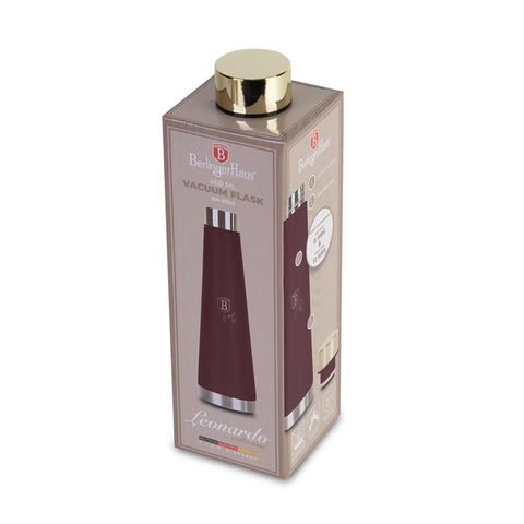 Product image of Vacuum flask bottle shape 0,4L. Part of the Leonardo Collection . Features: • Material: inner body 18/10 stainless steel with matt powder coating • Capacity: 0,4 L • Color: matt bordeaux • Packing: half giftbox. (Studio view). Official Berlinger Haus product, boosted by Promintra sl.