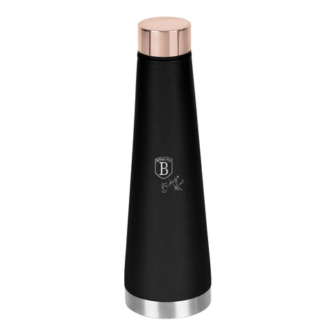 Product image of Vacuum flask bottle shape 0,4L. Part of the Black Rose Collection . Features: • Material: inner body 18/10 stainless steel with matt powder coating • Capacity: 0,4 L • Color: black- rose gold • Packing: half giftbox. (Studio view). Official Berlinger Haus product, boosted by Promintra sl.