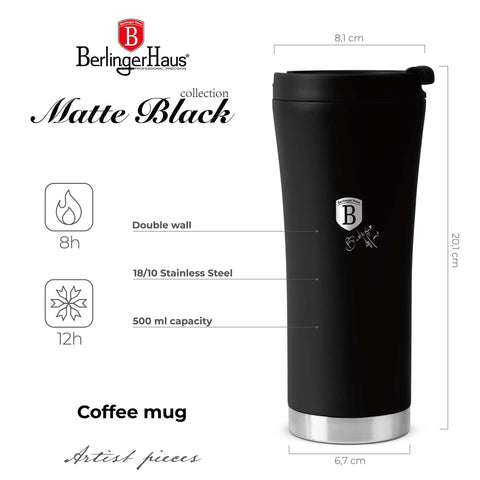 Imagem do produto: Caneca de café de 0,5L. Parte da Coleção Preto Fosco. Características: • Material: corpo interno em aço inoxidável 18/10, tampa: plástico com revestimento em pó fosco • Capacidade: 0,5 L • Cor: preto e prata • Embalagem: meia caixa de presente. (Vista do estúdio). Produto oficial Berlinger Haus, impulsionado por Promintra sl.