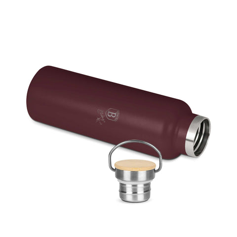 Product image of Flask with bamboo lid 0,6L. Part of the Leonardo Collection . Features: • Material: 18/10 stainless steel with matt powder coating • Bamboo lid • Capacity: 0,6 L • Color: matt bordeaux • Packing: giftbox. (Studio view). Official Berlinger Haus product, boosted by Promintra sl.