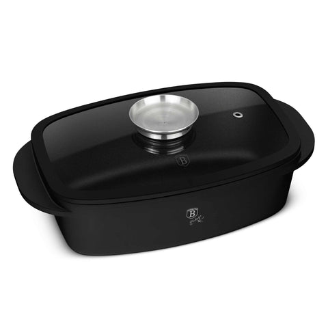 aluminio fundido, asador, asador con tapa de cristal, Asador con tapa de cristal y botón de aroma, Bakeware, Baking, BH/8779, botón de aroma, cookwareset, horneado, Matte Black Collection, negro mate, Roasting Pan, utensilios para hornear
