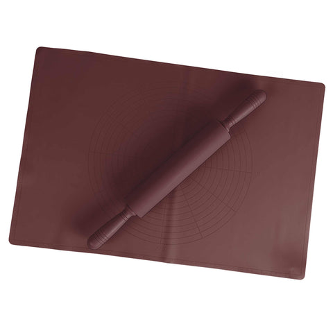 Product image of Silicone roller and baking mat set. Part of the Leonardo Collection . Features: • Pasta roller and baking mat • Material: plastic and silicone • Roller size: 5*43,5 cm • Baking mat size: 62*42 cm • Color: bordeaux. (Studio view). Official Berlinger Haus product, boosted by Promintra sl.