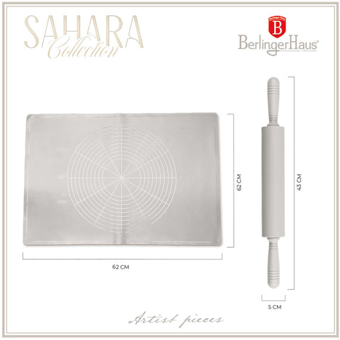 Product image of Silicone roller and baking mat set. Part of the Sahara Collection . Features: • Pasta roller and baking mat • Material: plastic and silicone • Roller size: 5*43,5 cm • Baking mat size: 62*42 cm • Color: cream. (Conceptual view). Official Berlinger Haus product, boosted by Promintra sl.
