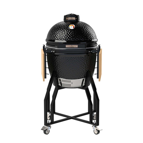 Product image of Kamado grill with high stand and side shelves. Part of the outdoor . Features: • Material: ceramic, stainless steel, bamboo • Thermometer in the top (lid) • Accessories, features: • Sectional firebox • Heat deflector • Plate s.... (Studio view). Official Berlinger Haus product, boosted by Promintra sl.