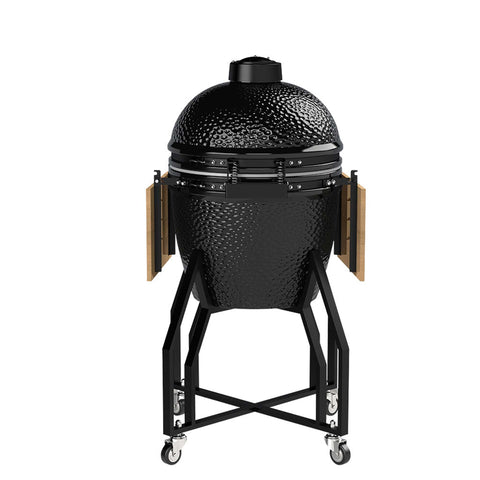 Product image of Kamado grill with high stand and side shelves. Part of the outdoor . Features: • Material: ceramic, stainless steel, bamboo • Thermometer in the top (lid) • Accessories, features: • Sectional firebox • Heat deflector • Plate s.... (Studio view). Official Berlinger Haus product, boosted by Promintra sl.