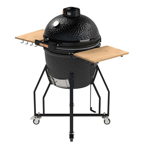 Product image of Kamado grill with high stand and side shelves. Part of the outdoor . Features: • Material: ceramic, stainless steel, bamboo • Thermometer in the top (lid) • Accessories, features: • Sectional firebox • Heat deflector • Plate s.... (Studio view). Official Berlinger Haus product, boosted by Promintra sl.