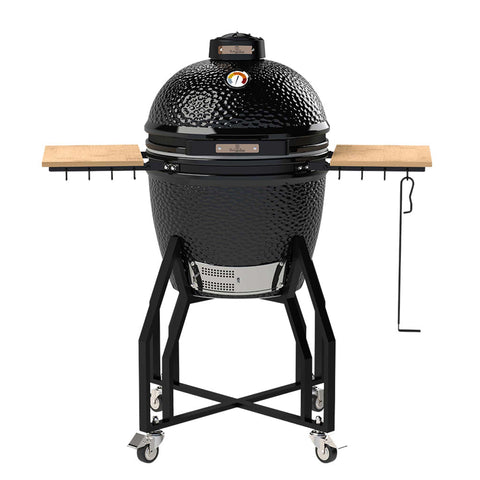 Product image of Kamado grill with high stand and side shelves. Part of the outdoor . Features: • Material: ceramic, stainless steel, bamboo • Thermometer in the top (lid) • Accessories, features: • Sectional firebox • Heat deflector • Plate s.... (Studio view). Official Berlinger Haus product, boosted by Promintra sl.