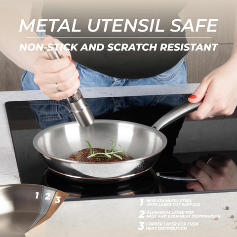 Product image of Frypan 20cm. Part of the Copper Touch Collection . Features: • Material: stainless steel, aluminium, copper • Size: 20*4,5 cm • Color: stainless steel with copper line. (Conceptual view). Official Berlinger Haus product, boosted by Promintra sl.