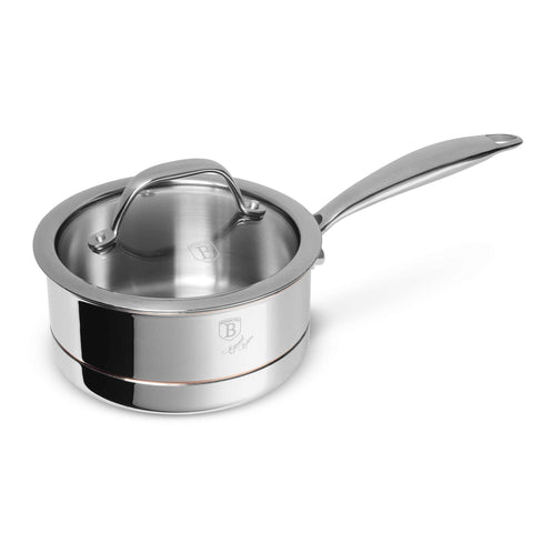 Product image of Sauce pan with lid 16cm. Part of the Copper Touch Collection . Features: • Material: stainless steel, aluminium, copper • Size: 16*8 cm • Color: stainless steel with copper line. (Studio view). Official Berlinger Haus product, boosted by Promintra sl.