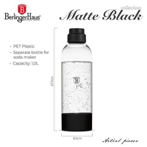 Product image of Soda maker bottle 1,0L. Part of the Black Vantage Collection/Matte Black Collection/Black Silver Collection . Features: • Material: PET plastic • Capacity: 1,0 L • Size: 27,7*8,5 cm • Color: black. (Conceptual view). Official Berlinger Haus product, boosted by Promintra sl.