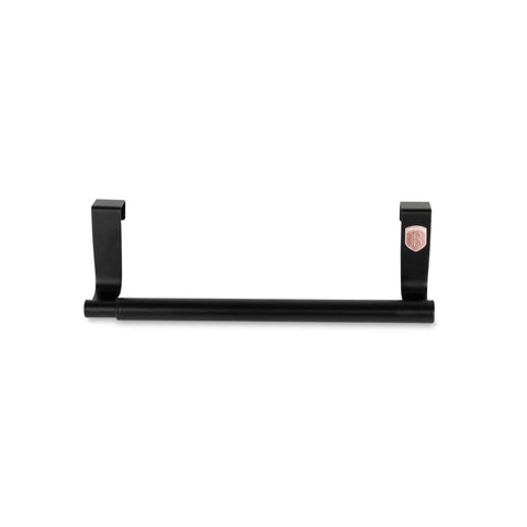Product image of Dishcloth hanger extendable. Part of the Black Rose Collection . Features: • Material: stainless steel • Folding size 23*7 cm • Opening size: 40*7 cm • Color: black- rose gold. (Studio view). Official Berlinger Haus product, boosted by Promintra sl.