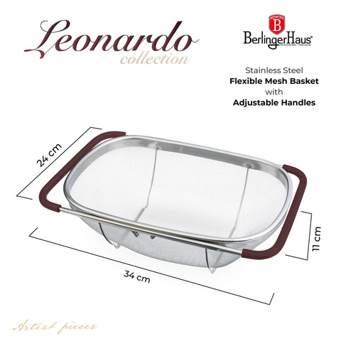 Product image of Flexible mesh basket with adjustable handles. Part of the kitchen accessories . Features: • Material: 18/10 stainless steel • Size: 34*24*11 cm. (Studio view). Official Berlinger Haus product, boosted by Promintra sl.