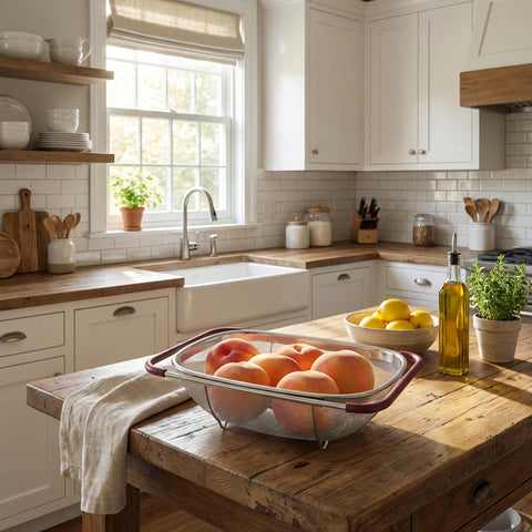 Product image of Flexible mesh basket with adjustable handles. Part of the kitchen accessories . Features: • Material: 18/10 stainless steel • Size: 34*24*11 cm. (Studio view). Official Berlinger Haus product, boosted by Promintra sl.