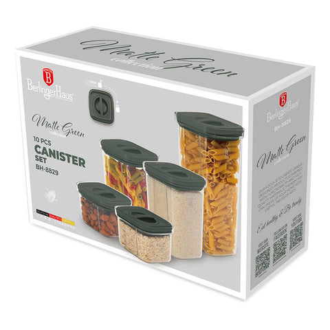 Product image of 5+5pcs canister set. Part of the Matte Green Collection . Features: • Material: plastic • 2 pcs 460 ml canister: 11,2*11,2*8 cm • 2 pcs 1100 ml canister: 11,2*11,2*15 cm • 1 pc 1500 ml canister: 11,2*11,2*23 cm • Co.... (Giftbox view). Official Berlinger Haus product, boosted by Promintra sl.