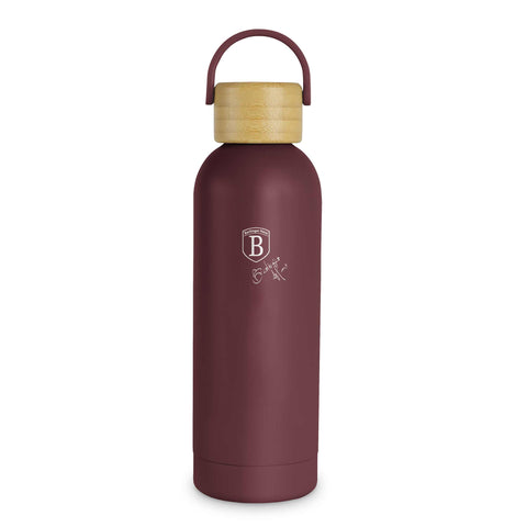Product image of Vacuum flask with bamboo lid 0,5L. Part of the Leonardo Collection . Features: • Material: 18/10 stainless steel with matt powder coating • Bamboo lid • Capacity: 0,5 L • Color: matt bordeaux • Packing: giftbox. (Studio view). Official Berlinger Haus product, boosted by Promintra sl.
