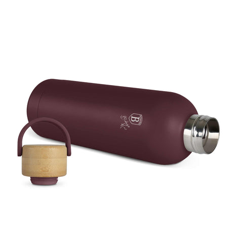 Imatge del producte de termos amb tapa de bambú de 0,5L. Part de la col·lecció Leonardo. Característiques: • Material: acer inoxidable 18/10 amb recobriment en pols mat • Tapa de bambú • Capacitat: 0,5 L • Color: bordeus mat • Embalatge: caixa de regal. (Vista d'estudi). Producte oficial de Berlinger, impulsat per Promintra sl.