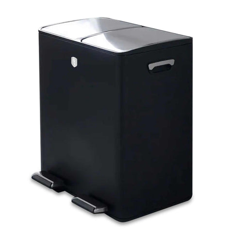Product image of Pedal bin 2x30L. Part of the Black Rose Collection . Features: • Material: carbon steel, stainless steel, plastic • Size: 45,1*37,1*70 cm, 2x30 L • 2 pcs inner buckets • Color: matt black. (Studio view). Official Berlinger Haus product, boosted by Promintra sl.