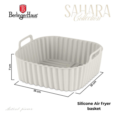 Product image of Silicone air fryer basket. Part of the Sahara Collection . Features: • Air fryer basket • Material: silicone • Size: 21*21*9 cm • Color: cream. (Studio view). Official Berlinger Haus product, boosted by Promintra sl.