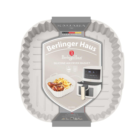 Product image of Silicone air fryer basket. Part of the Sahara Collection . Features: • Air fryer basket • Material: silicone • Size: 21*21*9 cm • Color: cream. (Studio view). Official Berlinger Haus product, boosted by Promintra sl.