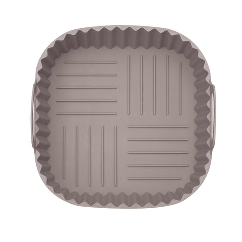 Product image of Silicone air fryer basket. Part of the Taupe Collection . Features: • Air fryer basket • Material: silicone • Size: 21*21*9 cm • Color: taupe. (Studio view). Official Berlinger Haus product, boosted by Promintra sl.