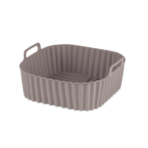 Product image of Silicone air fryer basket. Part of the Taupe Collection . Features: • Air fryer basket • Material: silicone • Size: 21*21*9 cm • Color: taupe. (Studio view). Official Berlinger Haus product, boosted by Promintra sl.