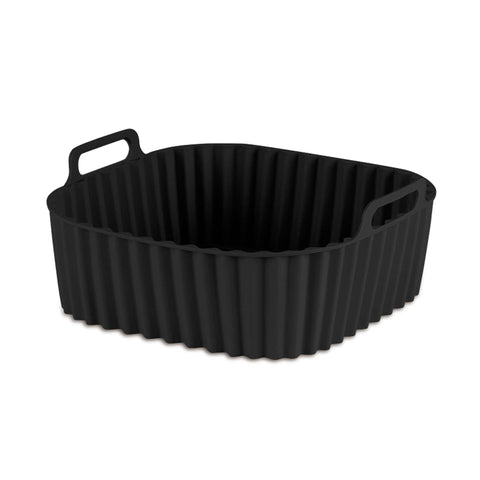 Product image of Silicone air fryer basket. Part of the Black Vantage Collection/Matte Black Collection/Black Silver Collection . Features: • Air fryer basket • Material: silicone • Size: 21*21*9 cm • Color: black. (Studio view). Official Berlinger Haus product, boosted by Promintra sl.