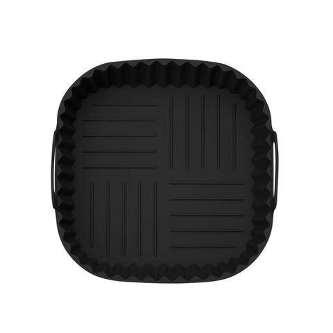 Product image of Silicone air fryer basket. Part of the Black Vantage Collection/Matte Black Collection/Black Silver Collection . Features: • Air fryer basket • Material: silicone • Size: 21*21*9 cm • Color: black. (Studio view). Official Berlinger Haus product, boosted by Promintra sl.