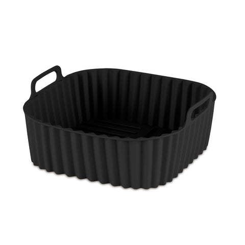 Product image of Silicone air fryer basket. Part of the Black Vantage Collection/Matte Black Collection/Black Silver Collection . Features: • Air fryer basket • Material: silicone • Size: 21*21*9 cm • Color: black. (Studio view). Official Berlinger Haus product, boosted by Promintra sl.