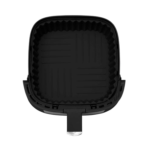Product image of Silicone air fryer basket. Part of the Black Vantage Collection/Matte Black Collection/Black Silver Collection . Features: • Air fryer basket • Material: silicone • Size: 21*21*9 cm • Color: black. (Studio view). Official Berlinger Haus product, boosted by Promintra sl.