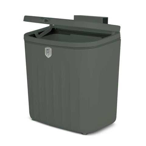 Product image of Hanging bin 7L. Part of the Matte Green Collection . Features: • Material: plastic, thermoplastic rubber • Size: 24*15,6*26,6 cm, 7L • Color: green. (Studio view). Official Berlinger Haus product, boosted by Promintra sl.