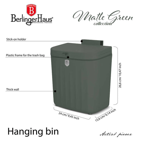 Product image of Hanging bin 7L. Part of the Matte Green Collection . Features: • Material: plastic, thermoplastic rubber • Size: 24*15,6*26,6 cm, 7L • Color: green. (Studio view). Official Berlinger Haus product, boosted by Promintra sl.