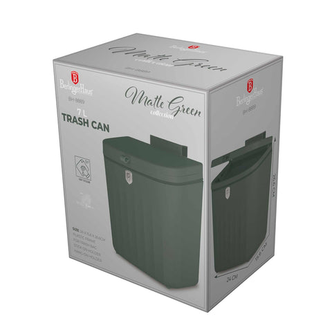 Product image of Hanging bin 7L. Part of the Matte Green Collection . Features: • Material: plastic, thermoplastic rubber • Size: 24*15,6*26,6 cm, 7L • Color: green. (Studio view). Official Berlinger Haus product, boosted by Promintra sl.