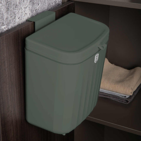 Product image of Hanging bin 7L. Part of the Matte Green Collection . Features: • Material: plastic, thermoplastic rubber • Size: 24*15,6*26,6 cm, 7L • Color: green. (Studio view). Official Berlinger Haus product, boosted by Promintra sl.