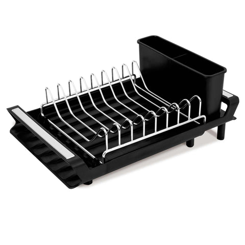 Product image of Adjustable dish rack. Part of the Black Rose Collection . Features: • Material: stainless steel, plastic, iron • Size: 27,9-46,5*20*11,6 cm • Adjustable tray • Color: black- rose gold. (Studio view). Official Berlinger Haus product, boosted by Promintra sl.