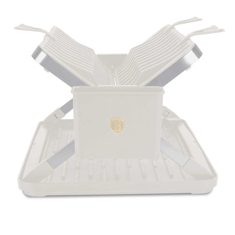 Product image of Dish rack. Part of the Sahara Collection . Features: • Material: stainless steel, plastic • Size: 48*35,4*27,2 cm • Removable tray • Extra hanging hooks • Color: cream. (Studio view). Official Berlinger Haus product, boosted by Promintra sl.